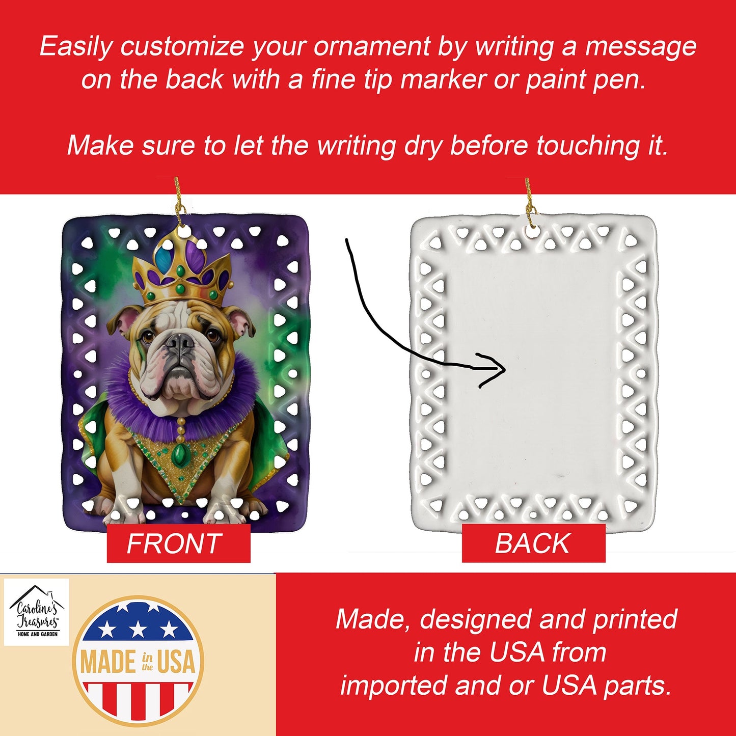 English Bulldog King of Mardi Gras Porcelain Ornament