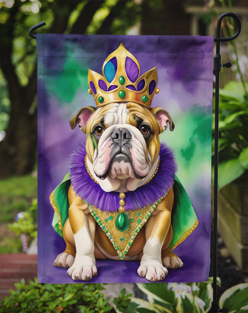 English Bulldog King of Mardi Gras Garden Flag - Vibrant Dog-Themed Yard Decor by Caroline's Treasures