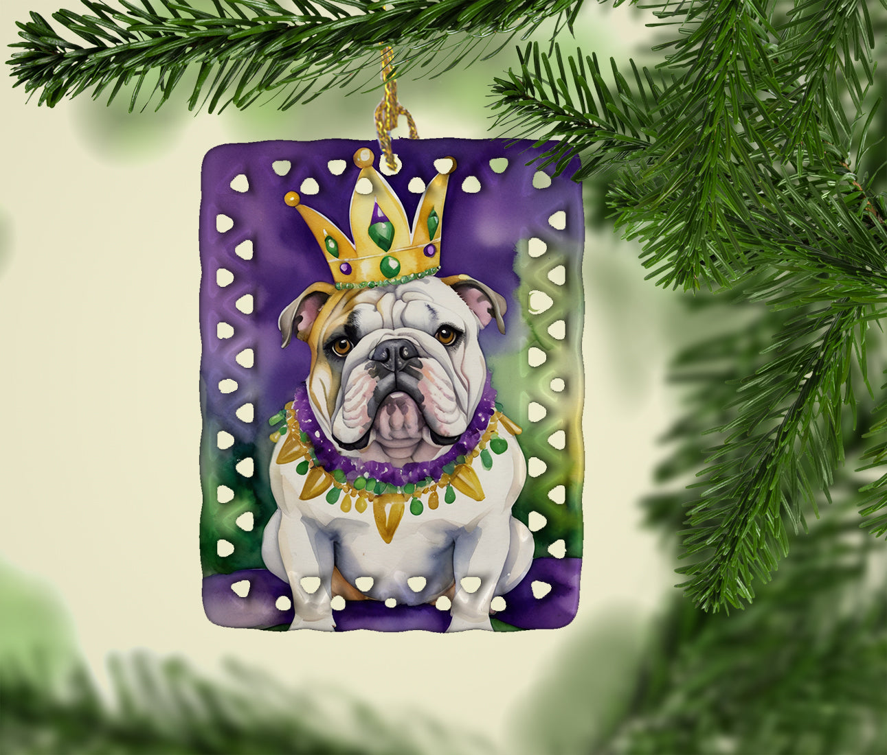 English Bulldog King of Mardi Gras Porcelain Ornament