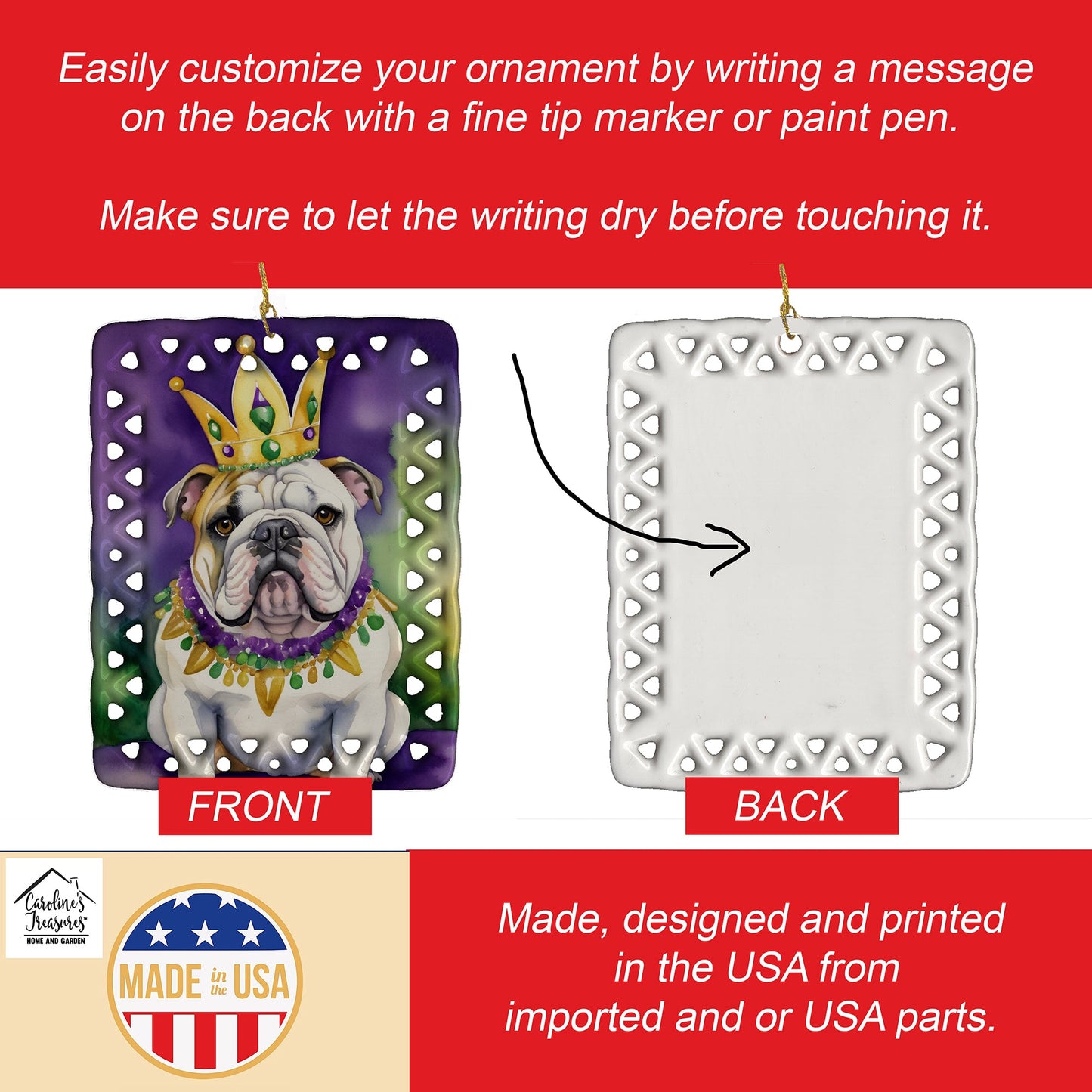 English Bulldog King of Mardi Gras Porcelain Ornament