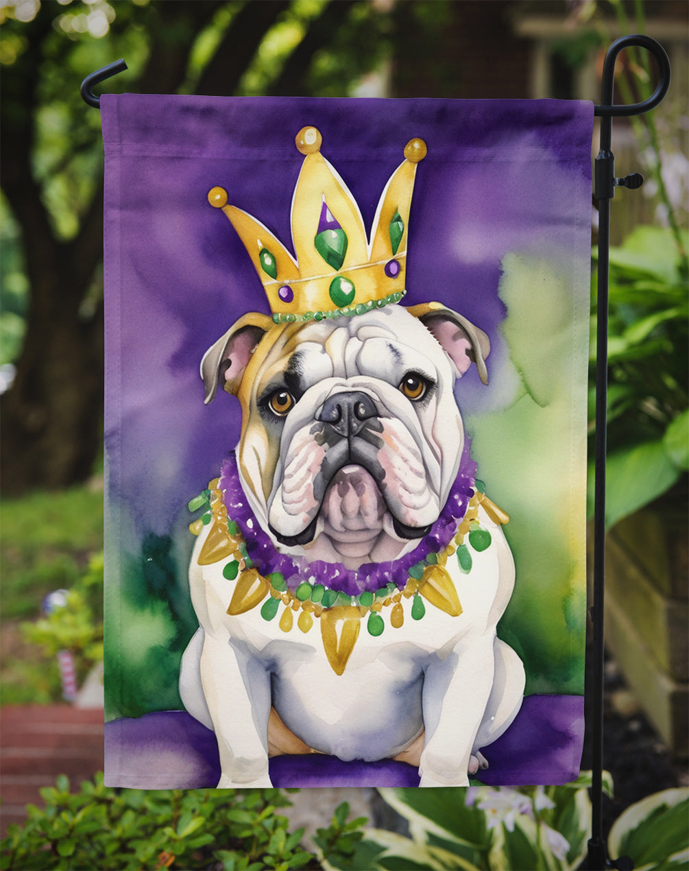 English Bulldog King of Mardi Gras Garden Flag - Vibrant Dog-Themed Yard Decor by Caroline's Treasures