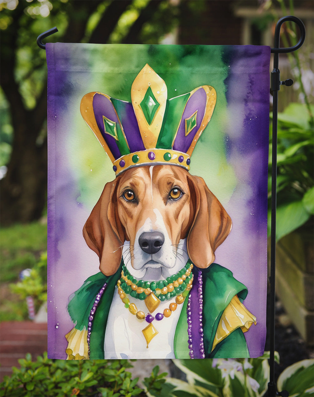 English Foxhound King of Mardi Gras Garden Flag - Vibrant Dog-Themed Yard Decor by Caroline's Treasures