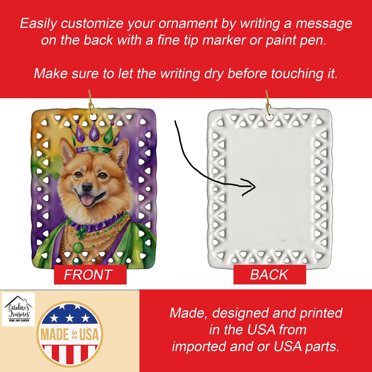 Finnish Spitz King of Mardi Gras Porcelain Ornament