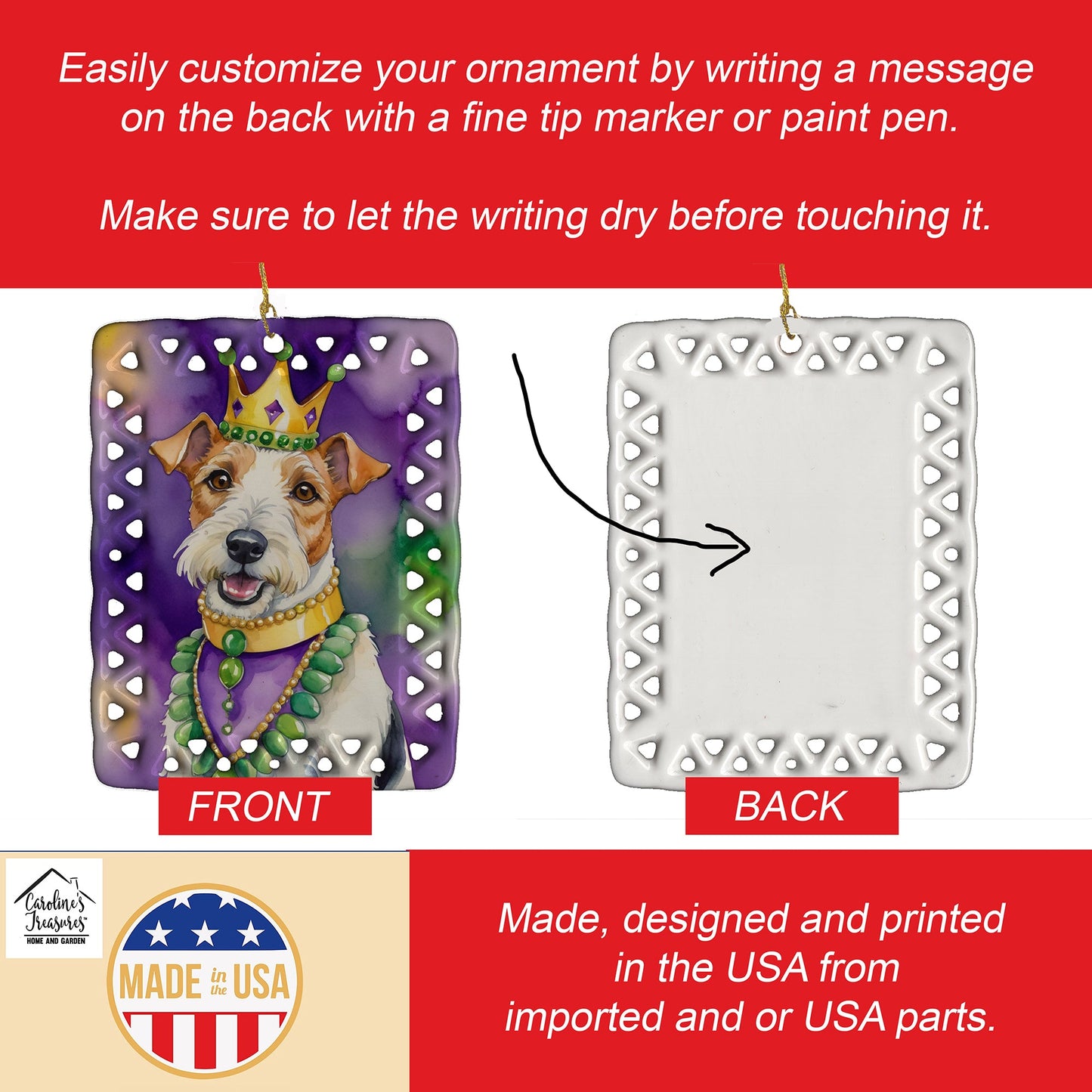 Fox Terrier King of Mardi Gras Porcelain Ornament