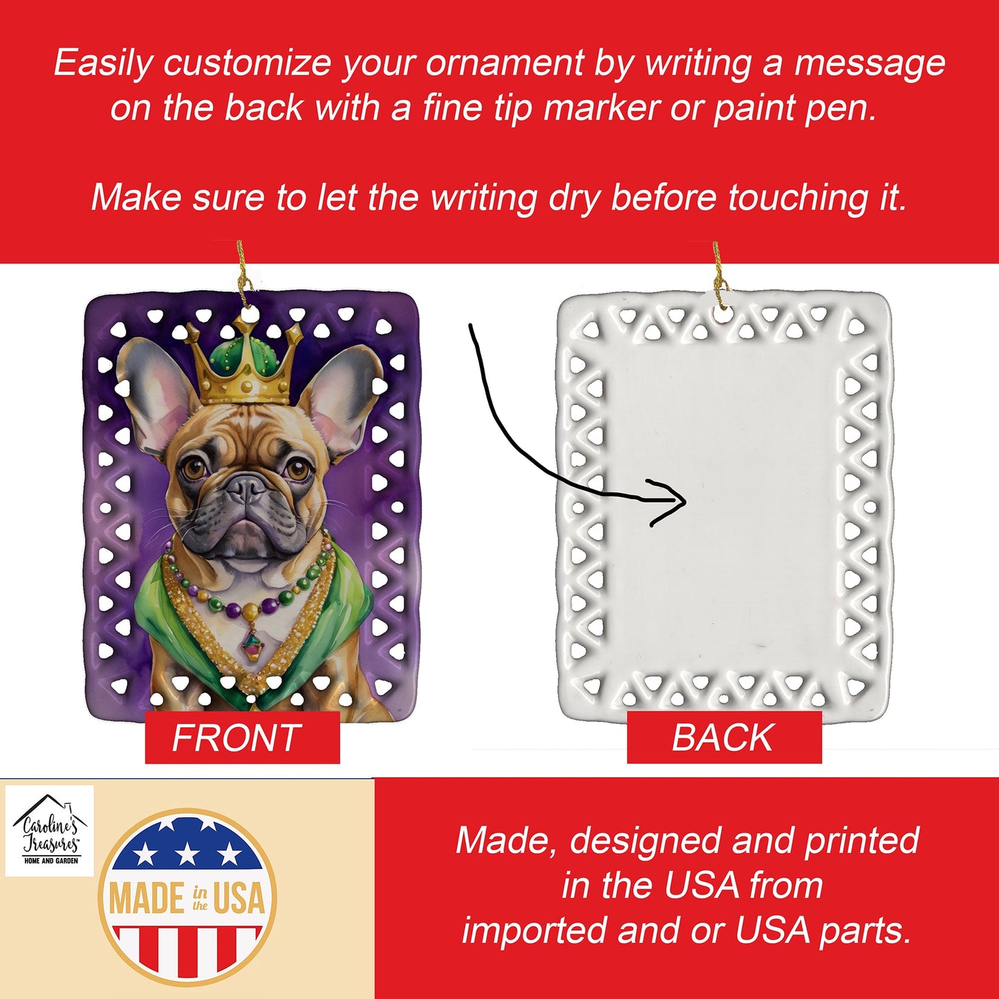 French Bulldog King of Mardi Gras Porcelain Ornament