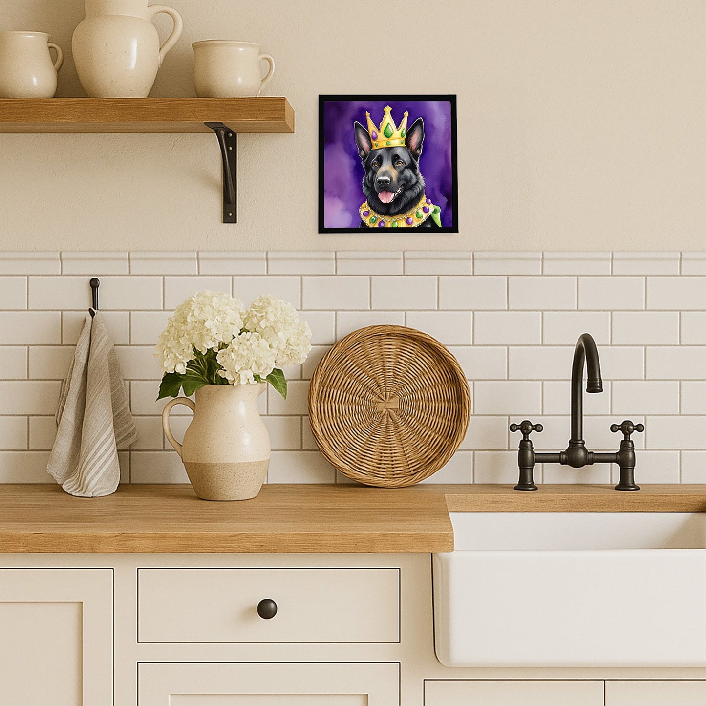 Black German Shepherd King of Mardi Gras Framed Metal Print