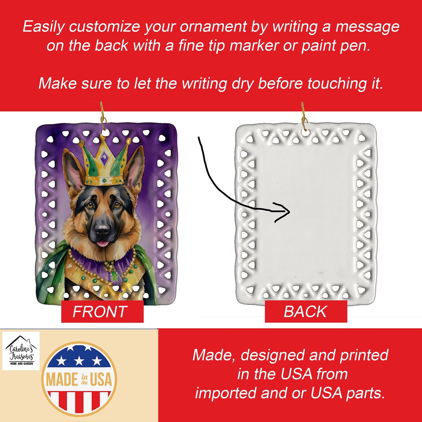 German Shepherd King of Mardi Gras Porcelain Ornament