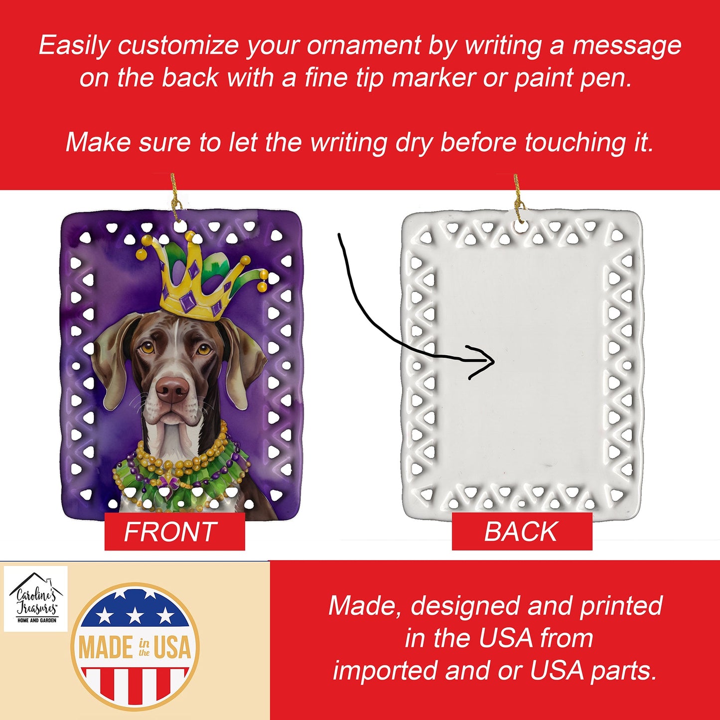 German Shorthaired Pointer King of Mardi Gras Porcelain Ornament