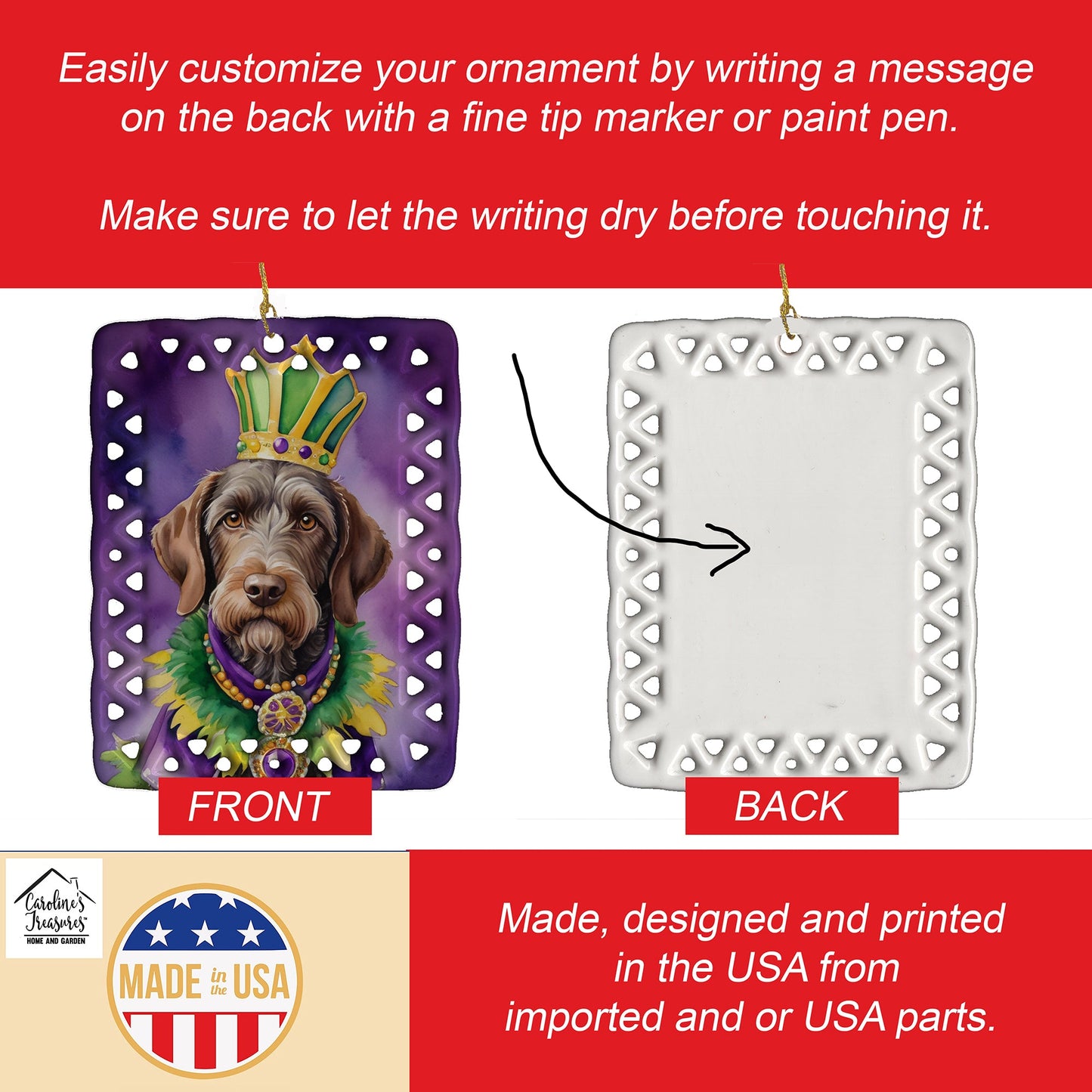 German Wirehaired Pointer King of Mardi Gras Porcelain Ornament