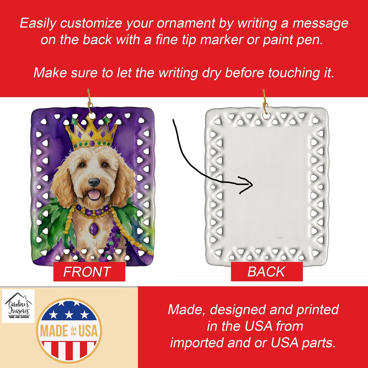 Goldendoodle King of Mardi Gras Porcelain Ornament