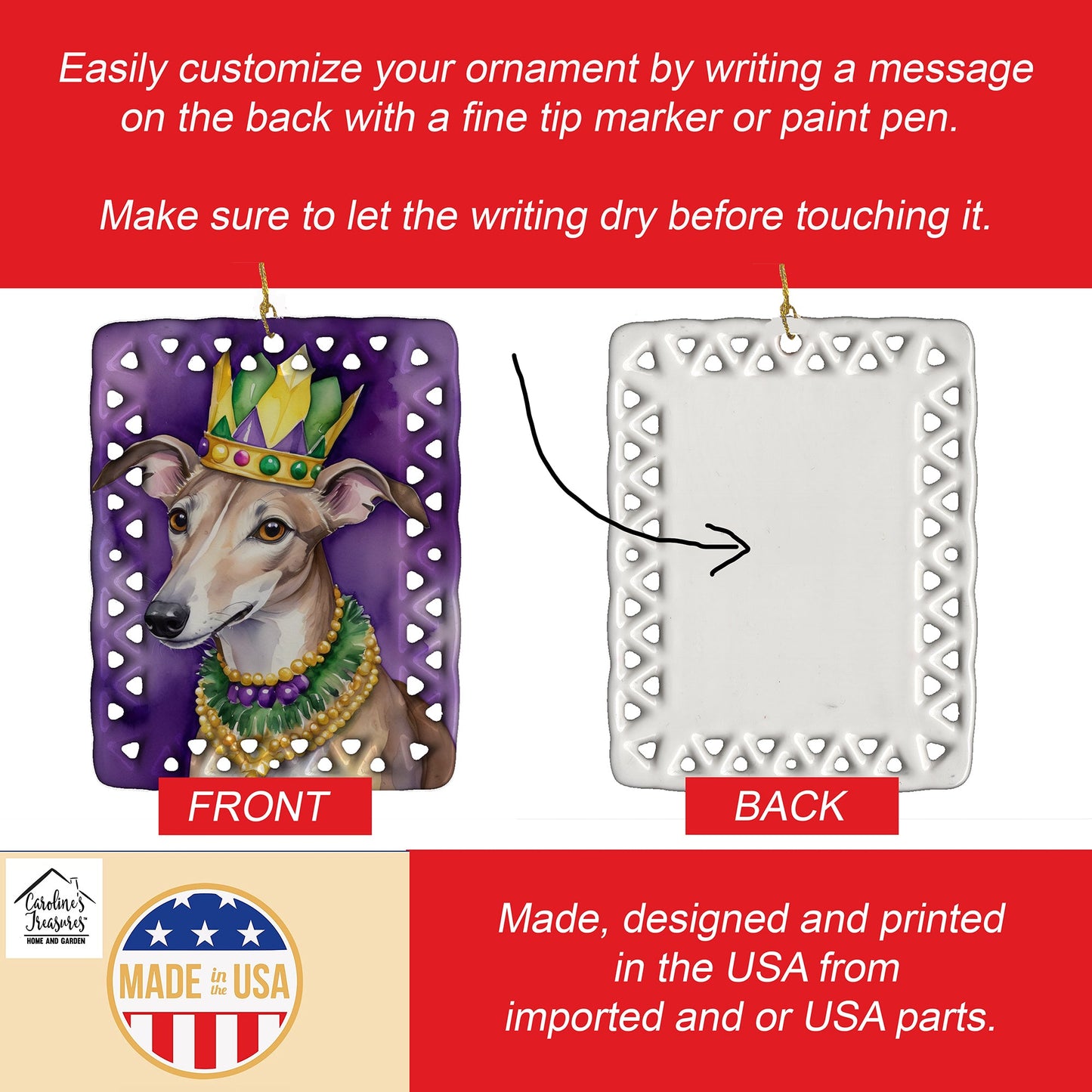 Greyhound King of Mardi Gras Porcelain Ornament