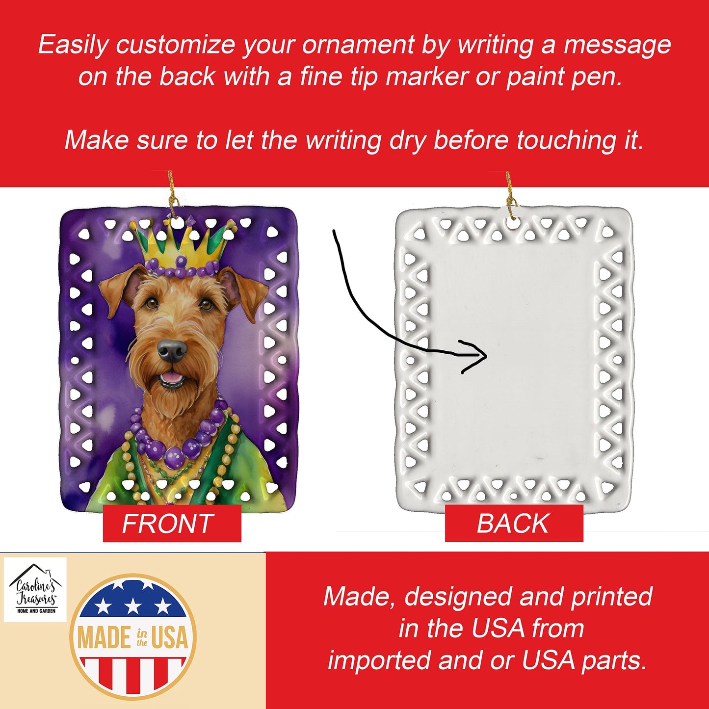 Irish Terrier King of Mardi Gras Porcelain Ornament