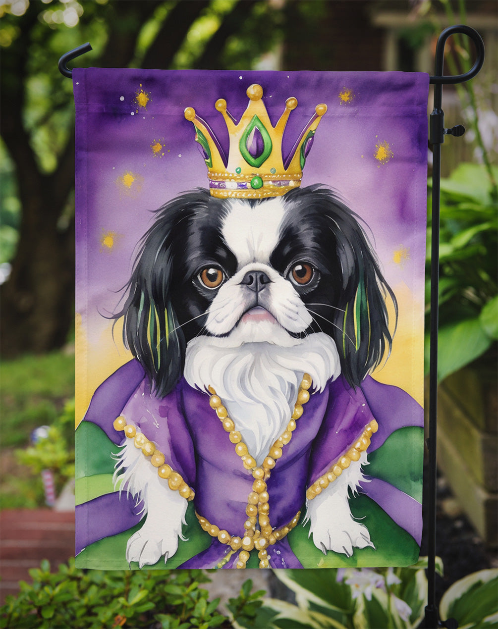 Japanese Chin King of Mardi Gras Garden Flag - Vibrant Dog-Themed Yard Decor by Caroline's Treasures