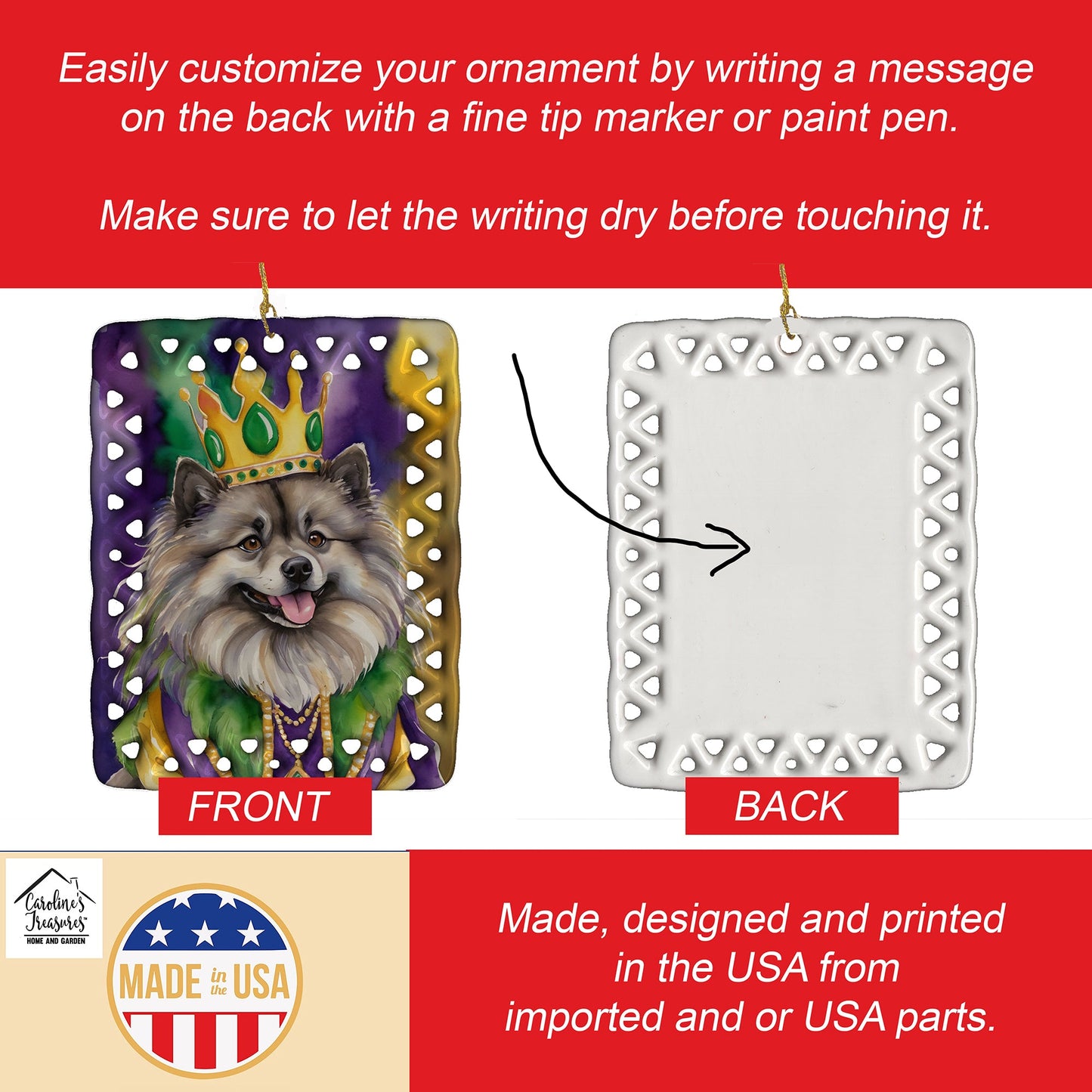 Keeshond King of Mardi Gras Porcelain Ornament