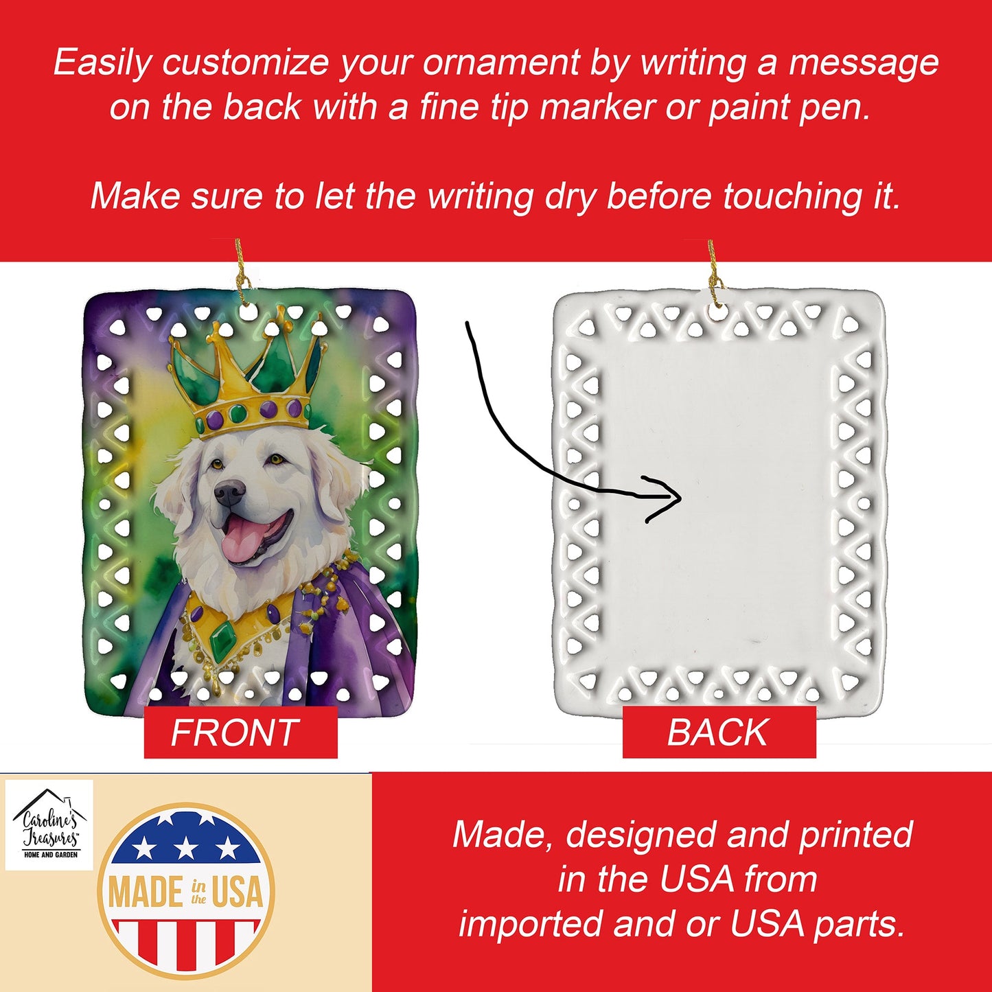 Kuvasz King of Mardi Gras Porcelain Ornament