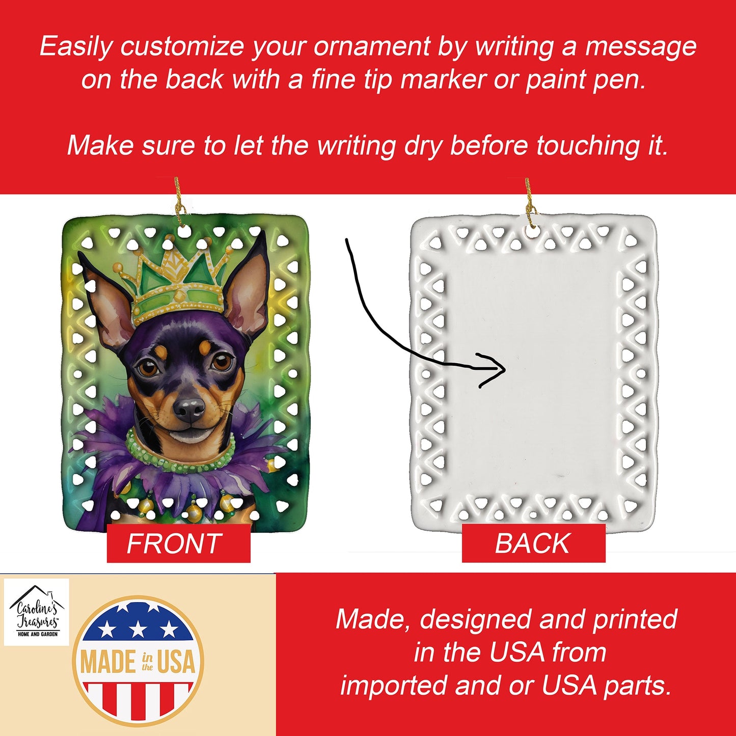 Miniature Pinscher King of Mardi Gras Porcelain Ornament