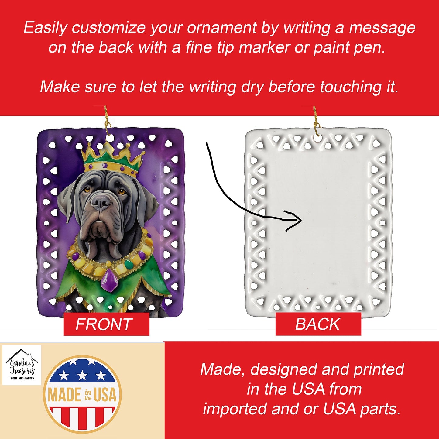 Neapolitan Mastiff King of Mardi Gras Porcelain Ornament