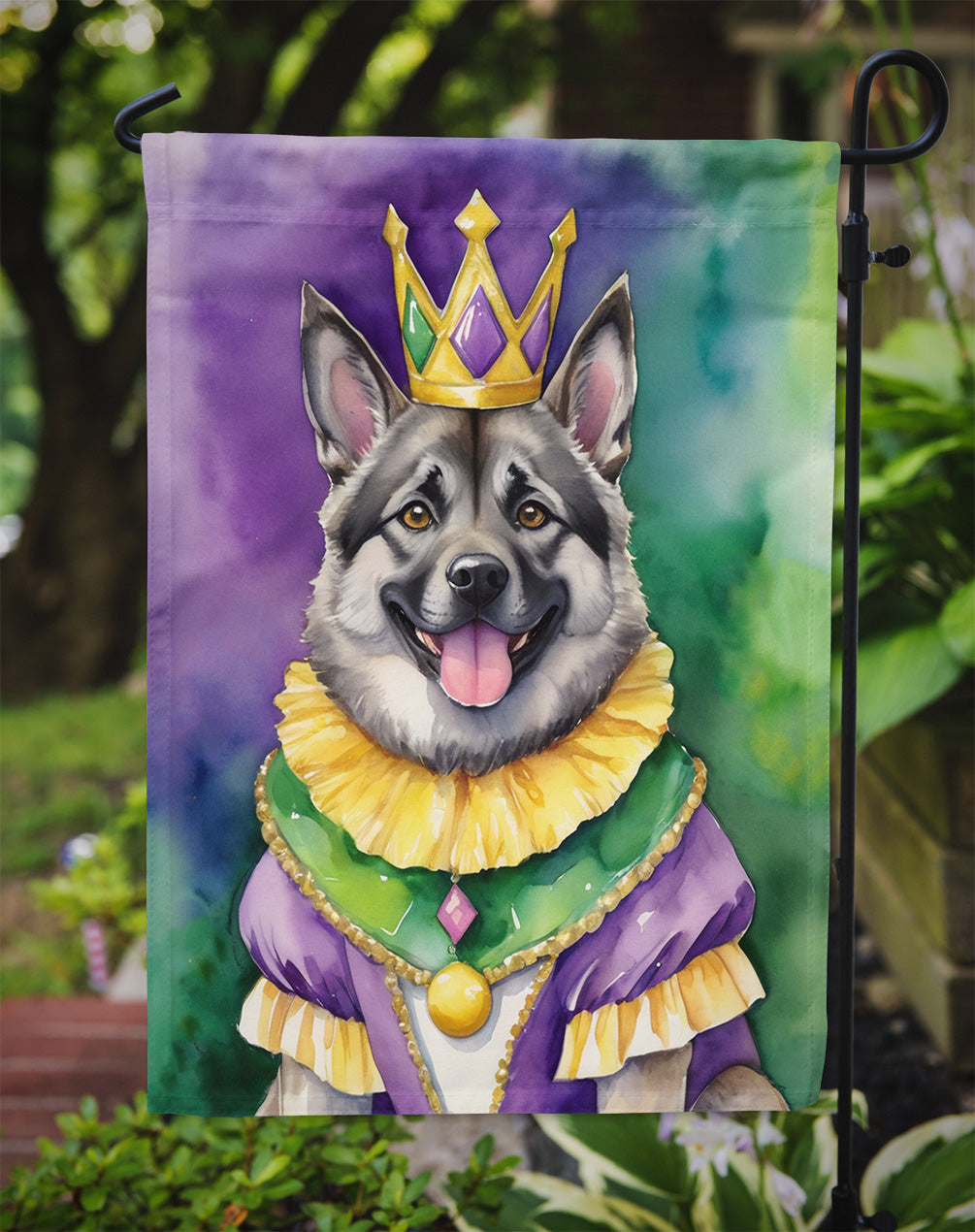 Norwegian Elkhound King of Mardi Gras Garden Flag - Vibrant Dog-Themed Yard Decor by Caroline's Treasures