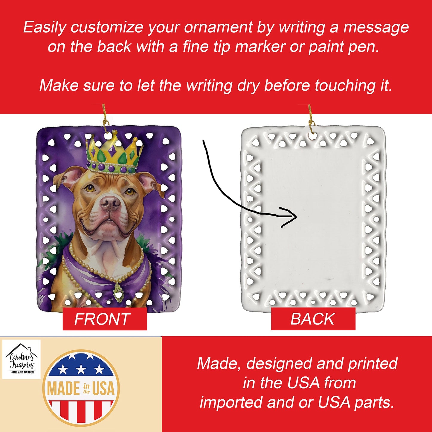 Pit Bull Terrier King of Mardi Gras Porcelain Ornament