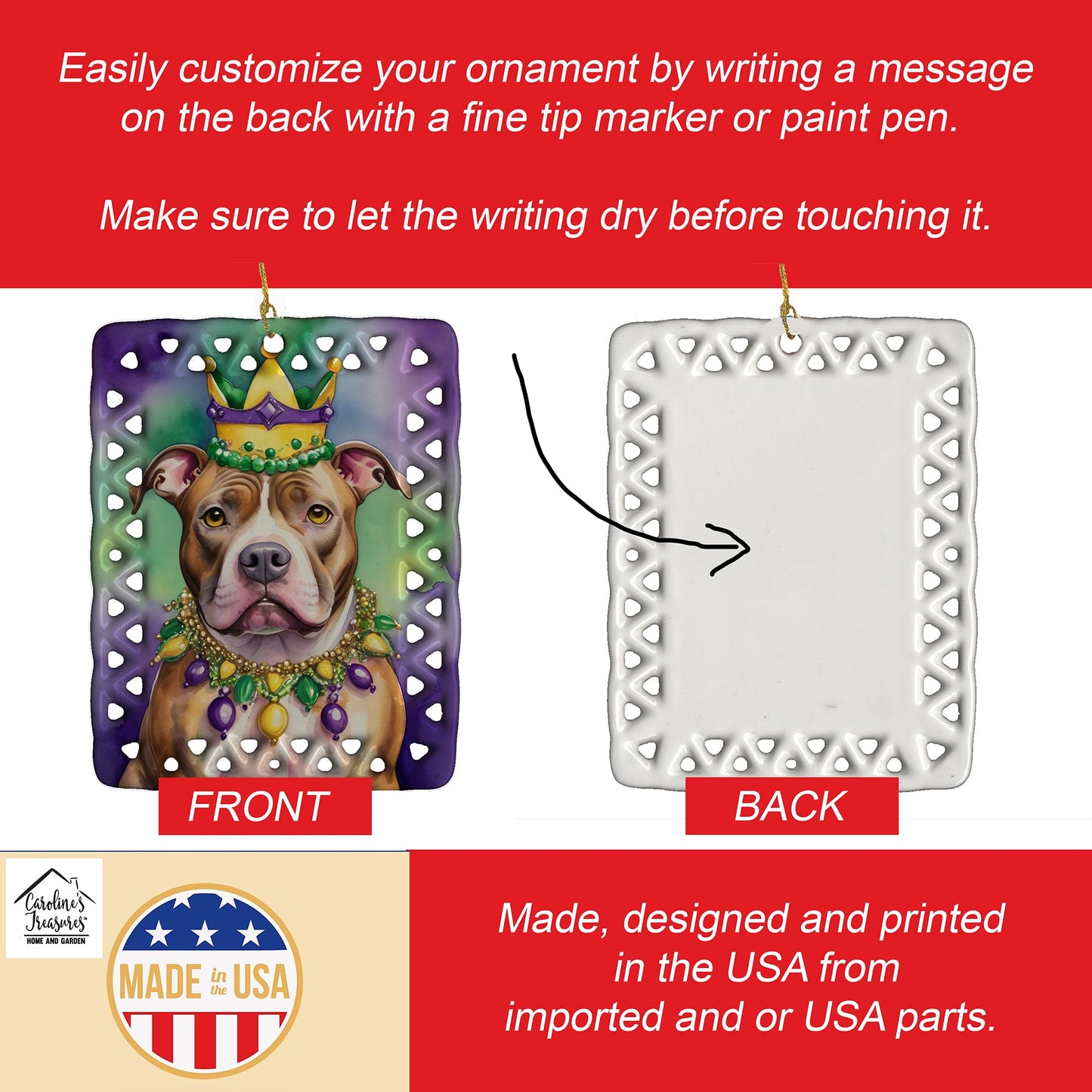 Pit Bull Terrier King of Mardi Gras Porcelain Ornament