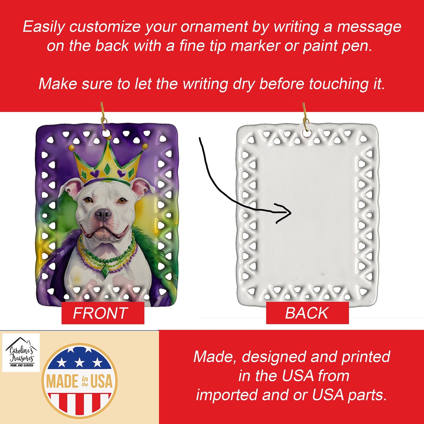 Pit Bull Terrier King of Mardi Gras Porcelain Ornament