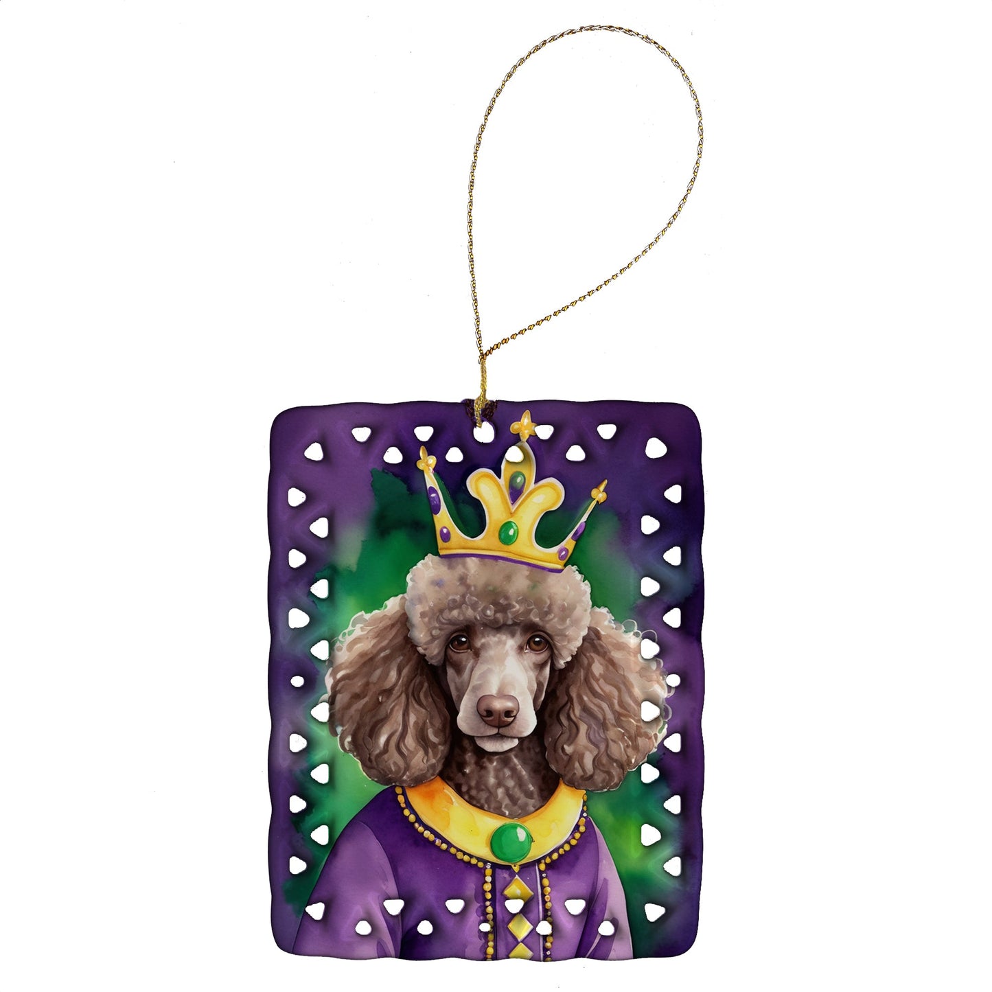 Chocolate Poodle King of Mardi Gras Porcelain Ornament