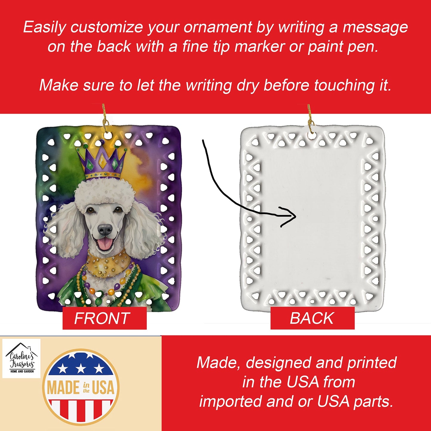 White Poodle King of Mardi Gras Porcelain Ornament