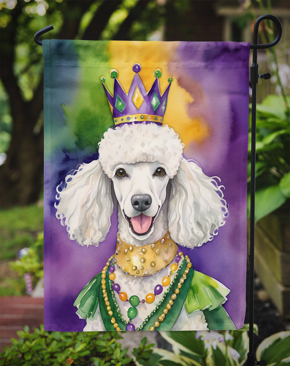 White Poodle King of Mardi Gras Garden Flag - Vibrant Dog-Themed Yard Decor by Caroline's Treasures