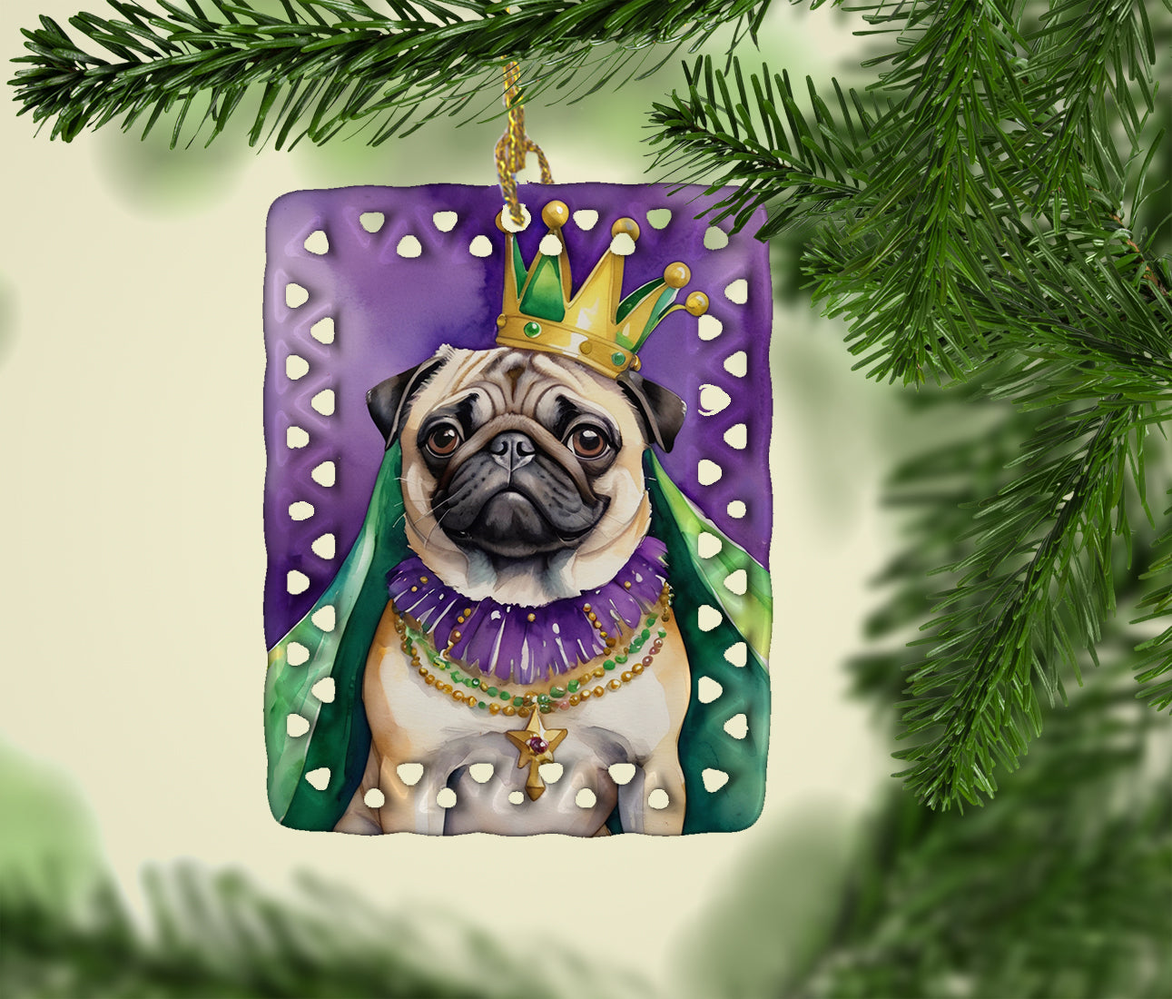 Pug King of Mardi Gras Porcelain Ornament