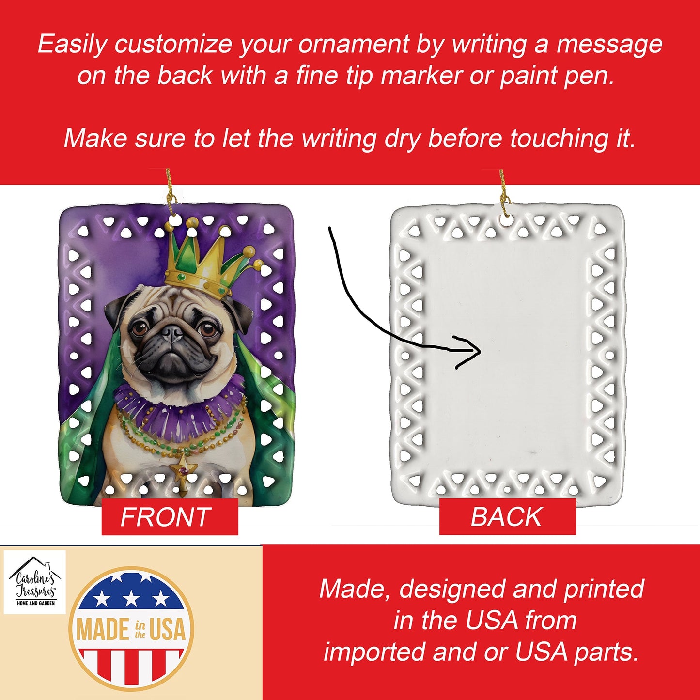 Pug King of Mardi Gras Porcelain Ornament