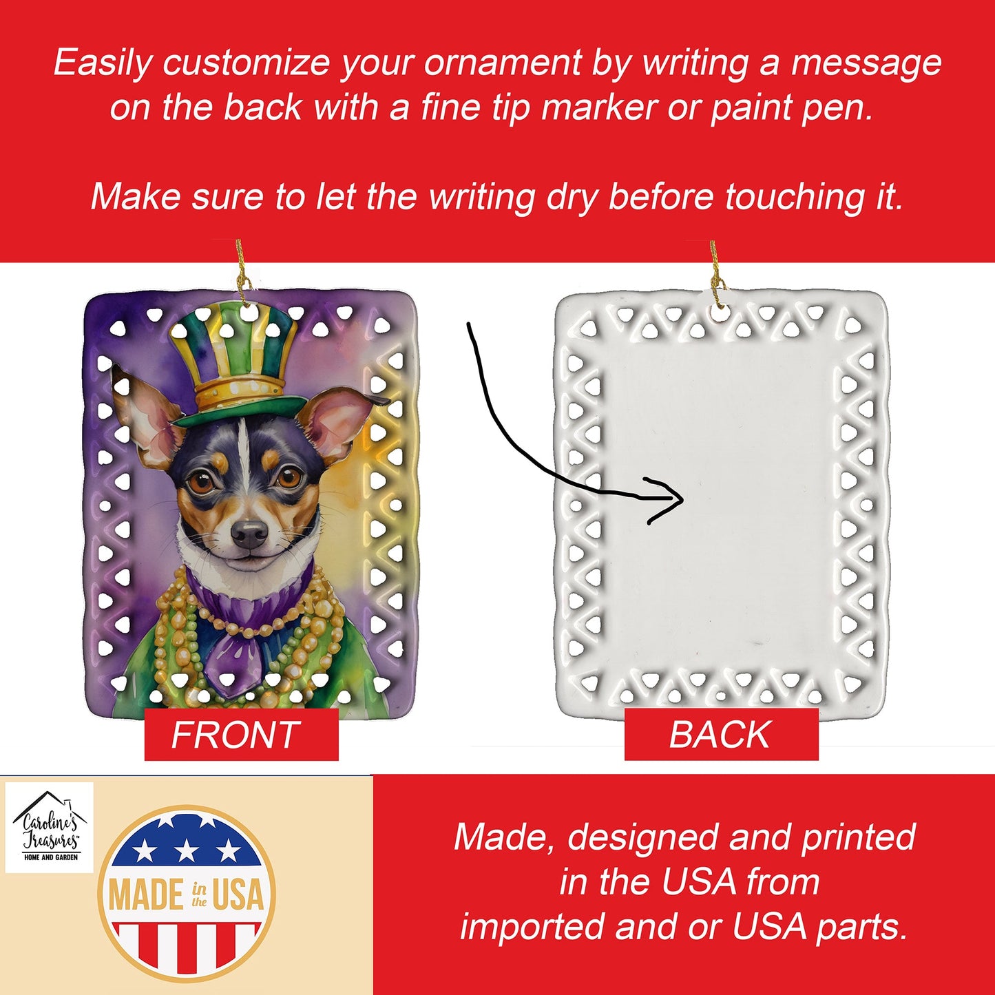 Rat Terrier King of Mardi Gras Porcelain Ornament