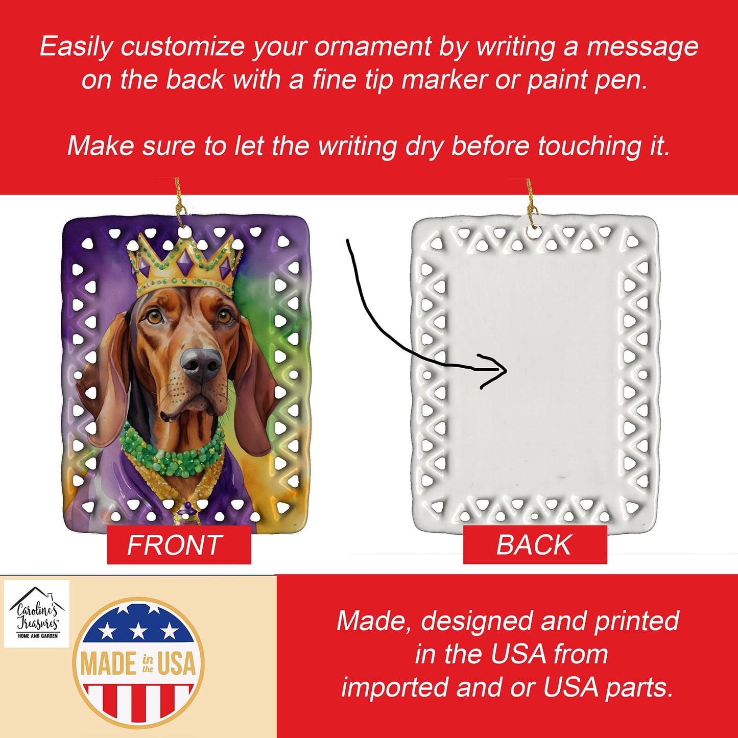 Redbone Coonhound King of Mardi Gras Porcelain Ornament