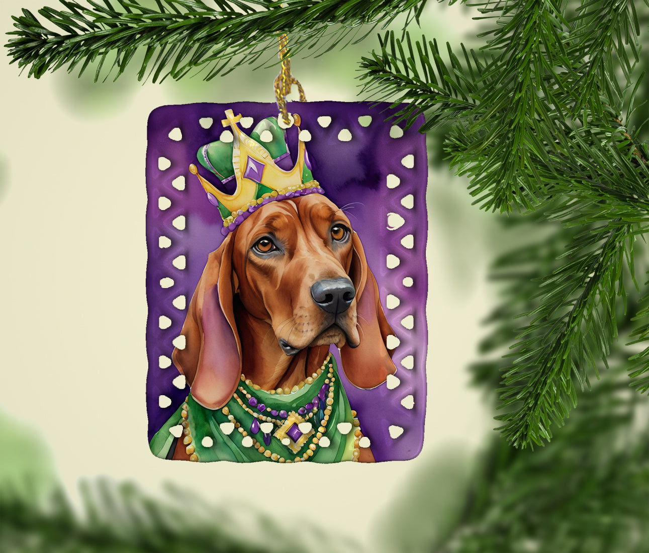 Redbone Coonhound King of Mardi Gras Porcelain Ornament