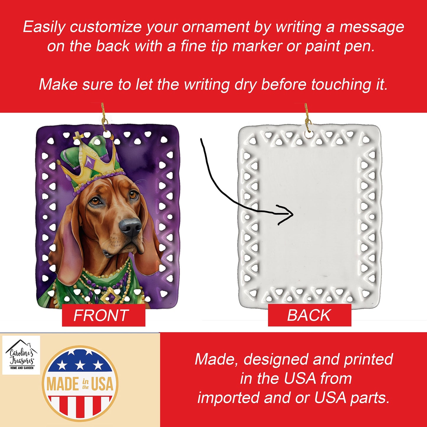 Redbone Coonhound King of Mardi Gras Porcelain Ornament