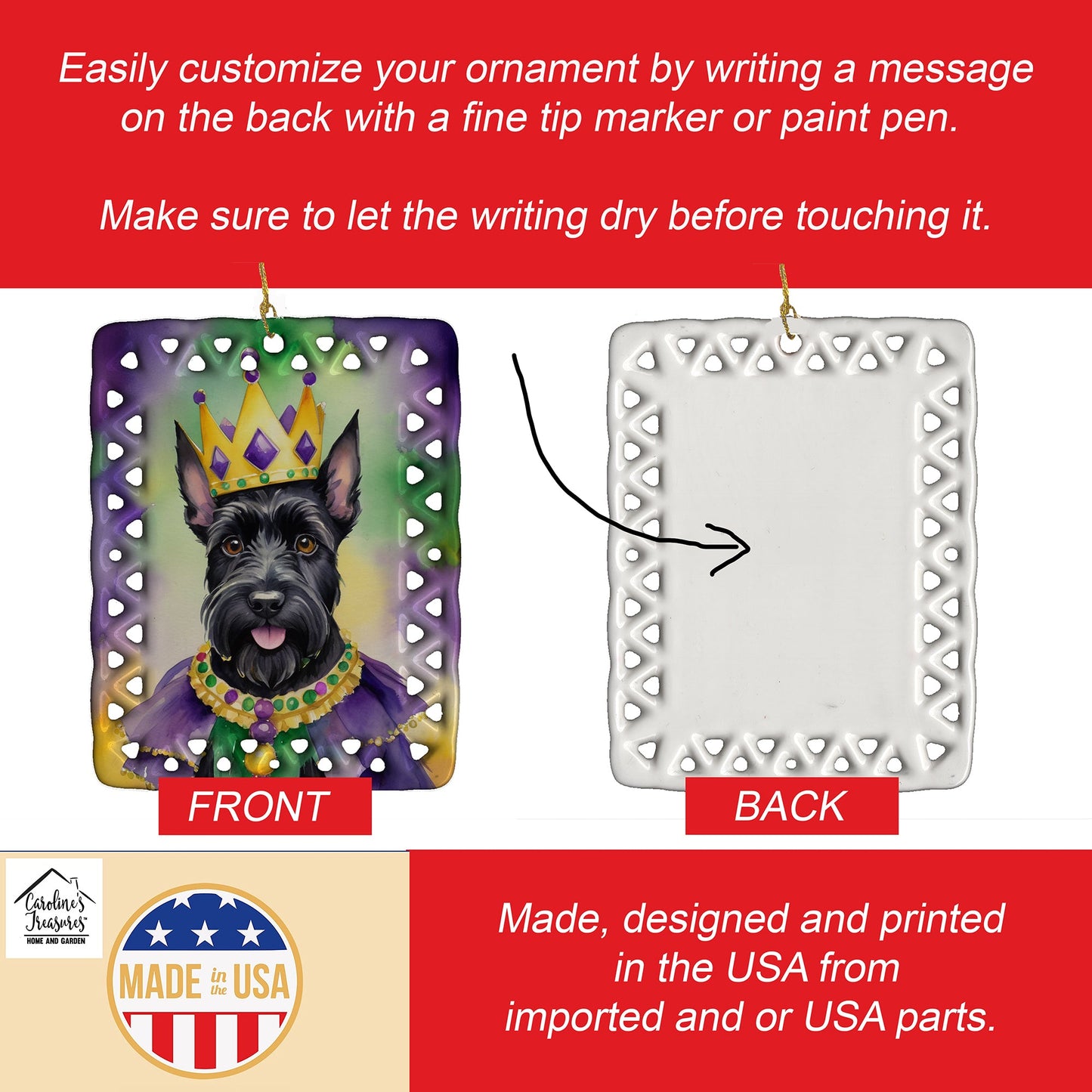 Scottish Terrier King of Mardi Gras Porcelain Ornament