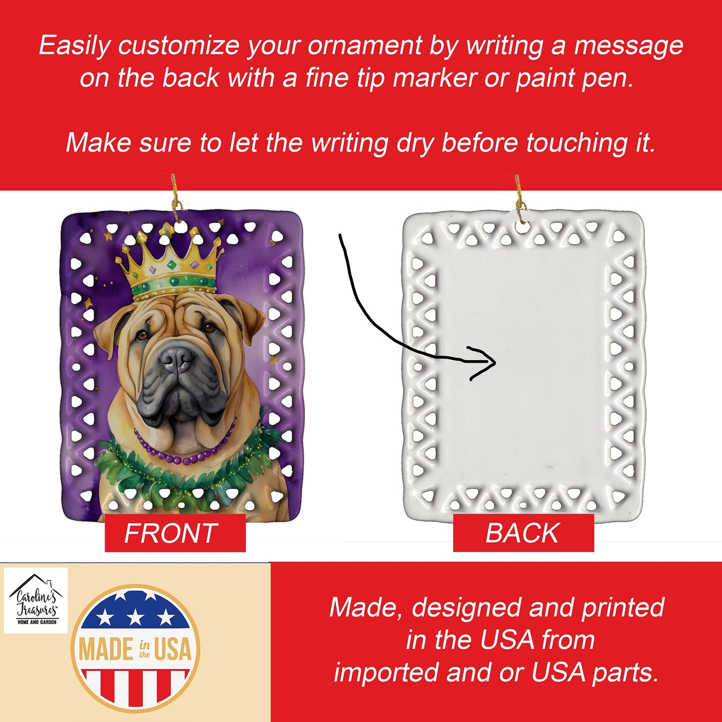 Shar Pei King of Mardi Gras Porcelain Ornament