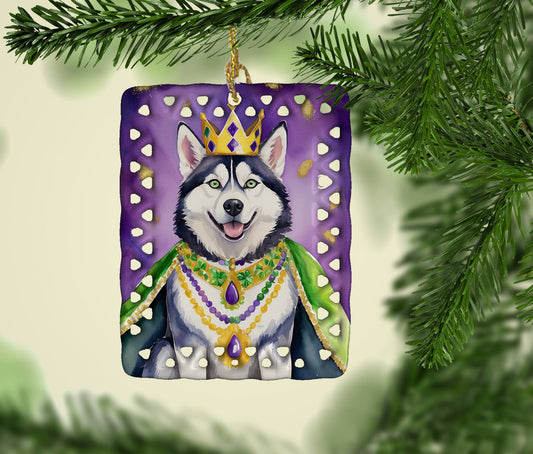 Siberian Husky King of Mardi Gras Porcelain Ornament