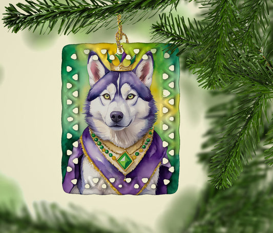 Siberian Husky King of Mardi Gras Porcelain Ornament