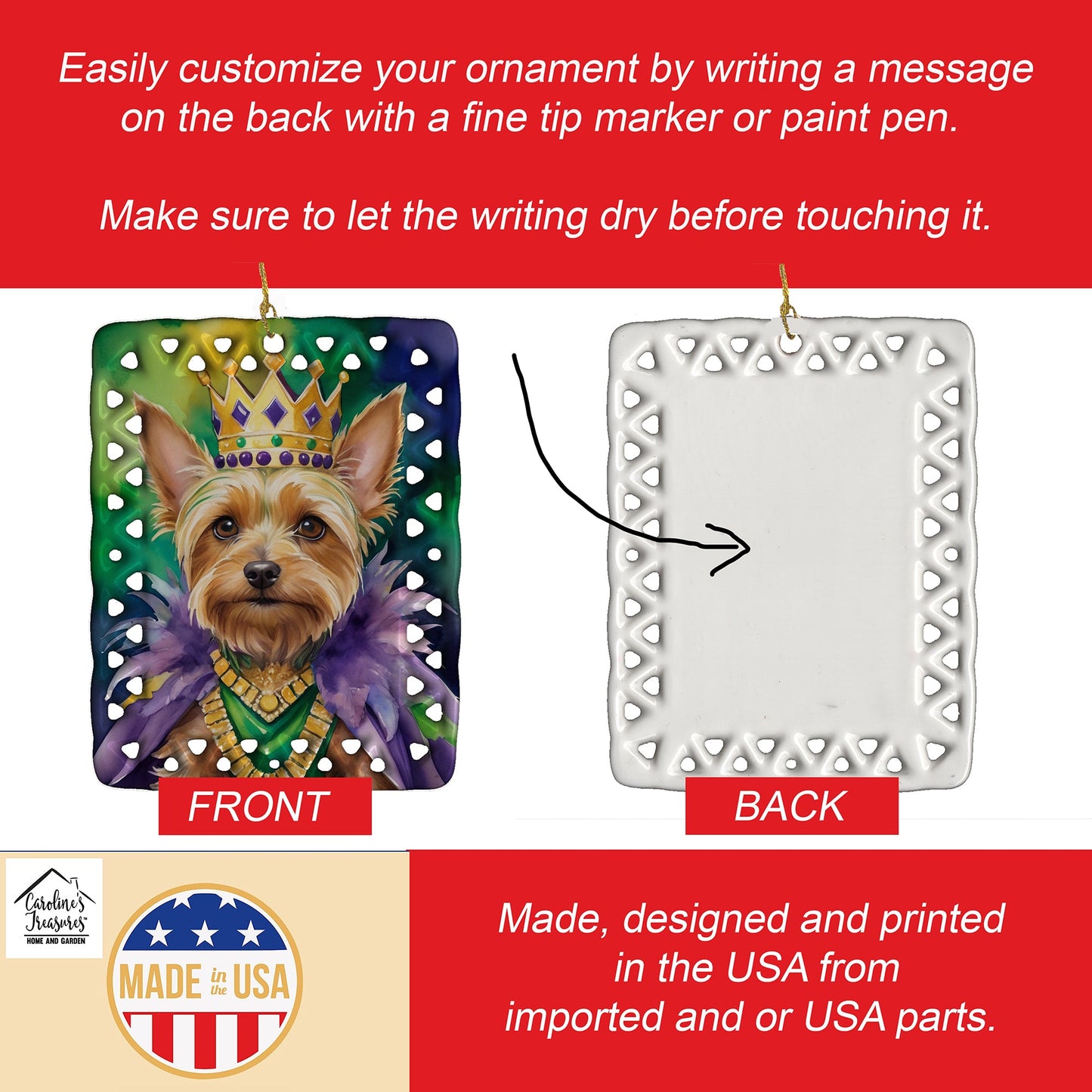 Silky Terrier King of Mardi Gras Porcelain Ornament