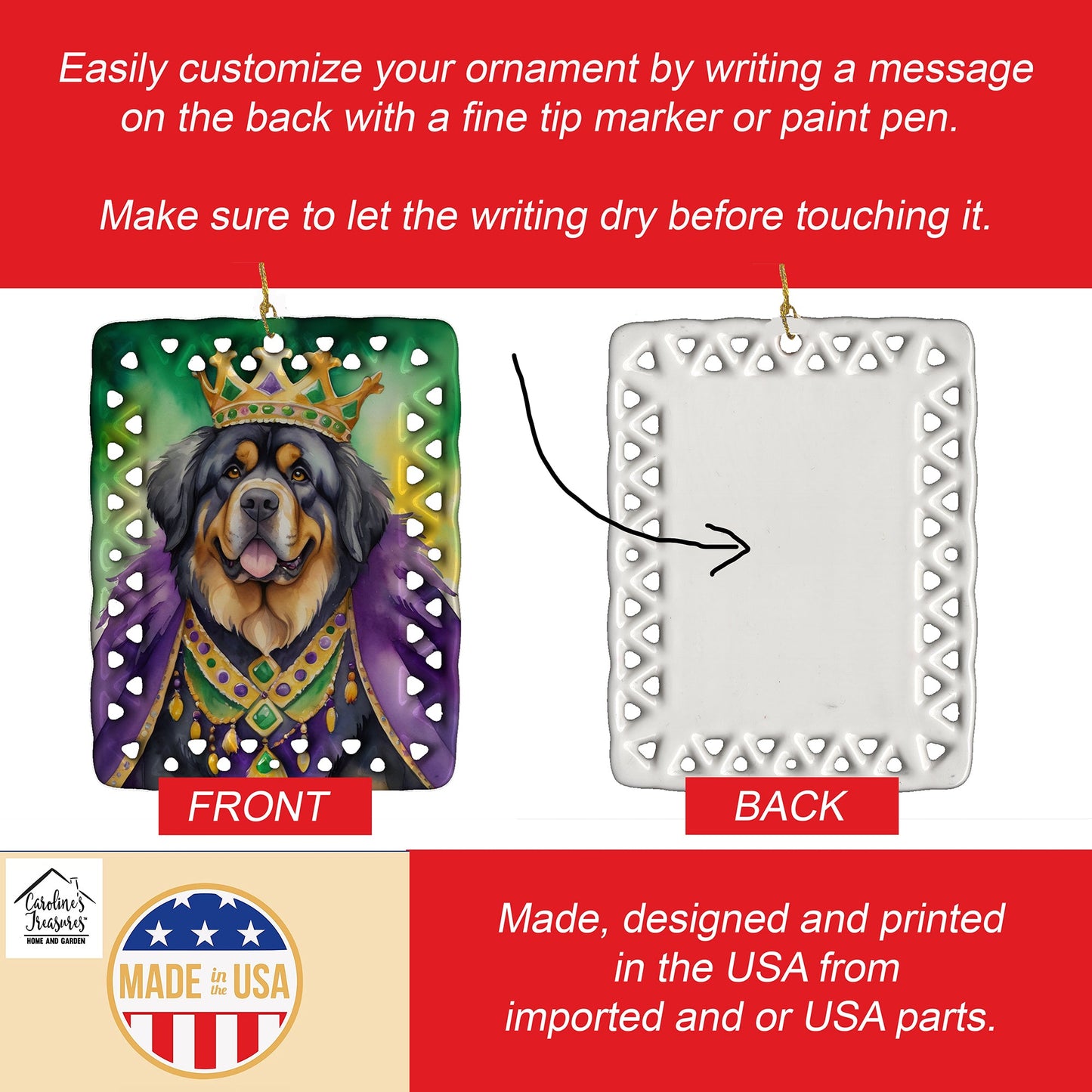 Tibetan Mastiff King of Mardi Gras Porcelain Ornament