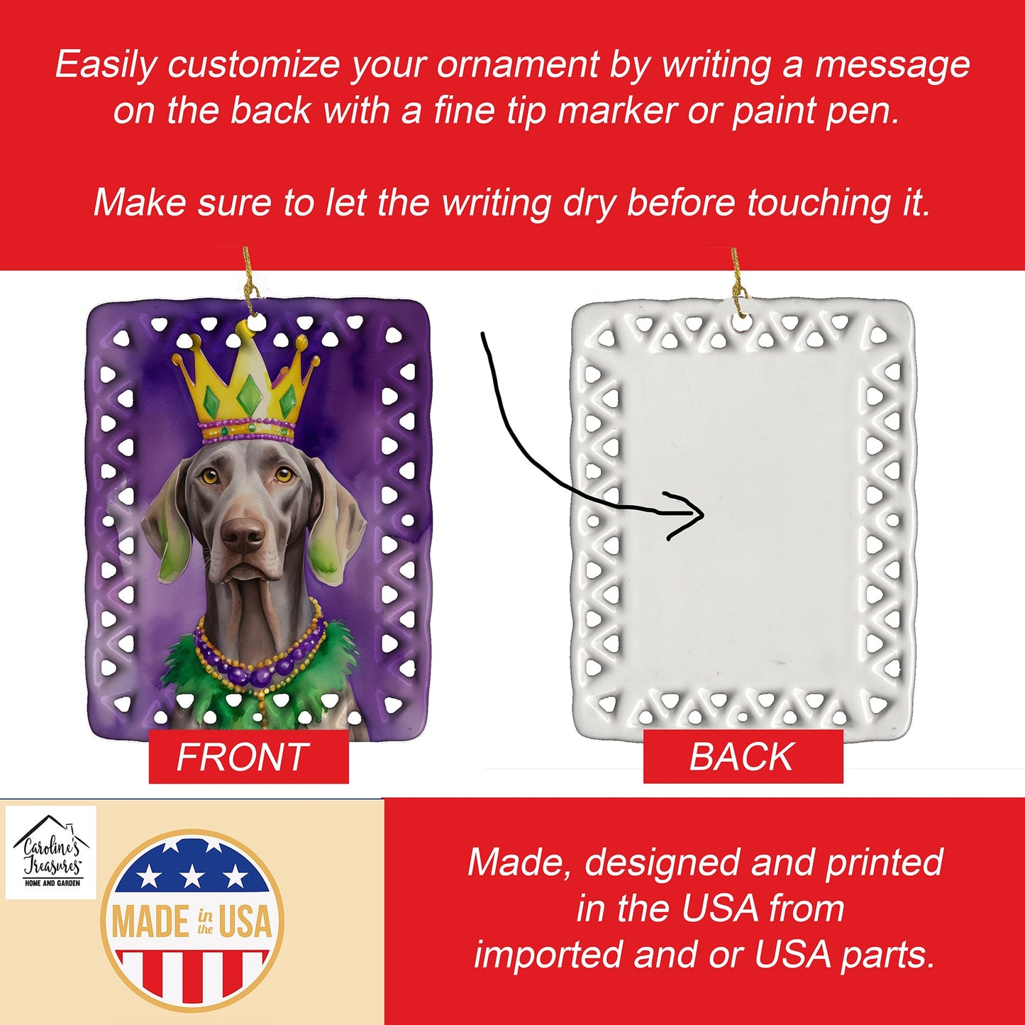 Weimaraner King of Mardi Gras Porcelain Ornament