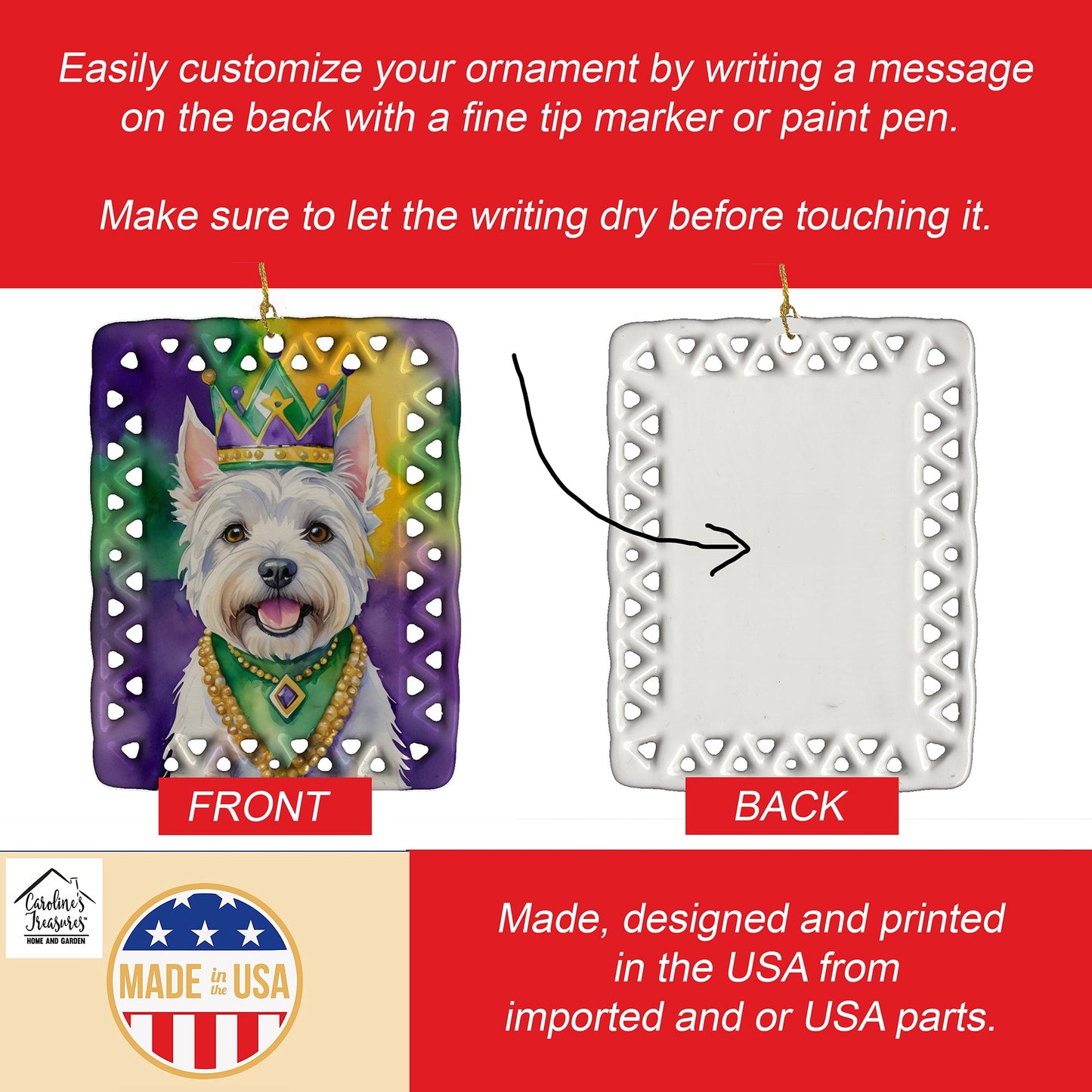 Westie King of Mardi Gras Porcelain Ornament