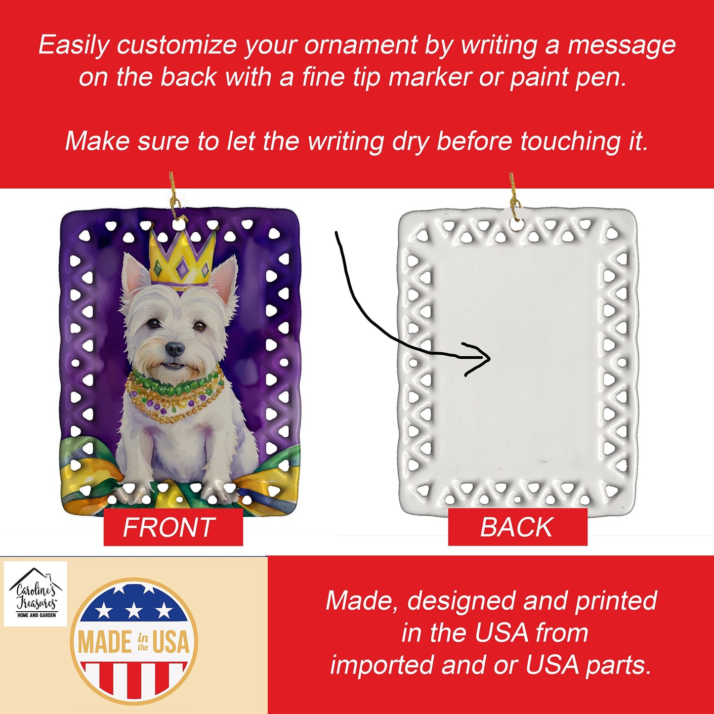 Westie King of Mardi Gras Porcelain Ornament