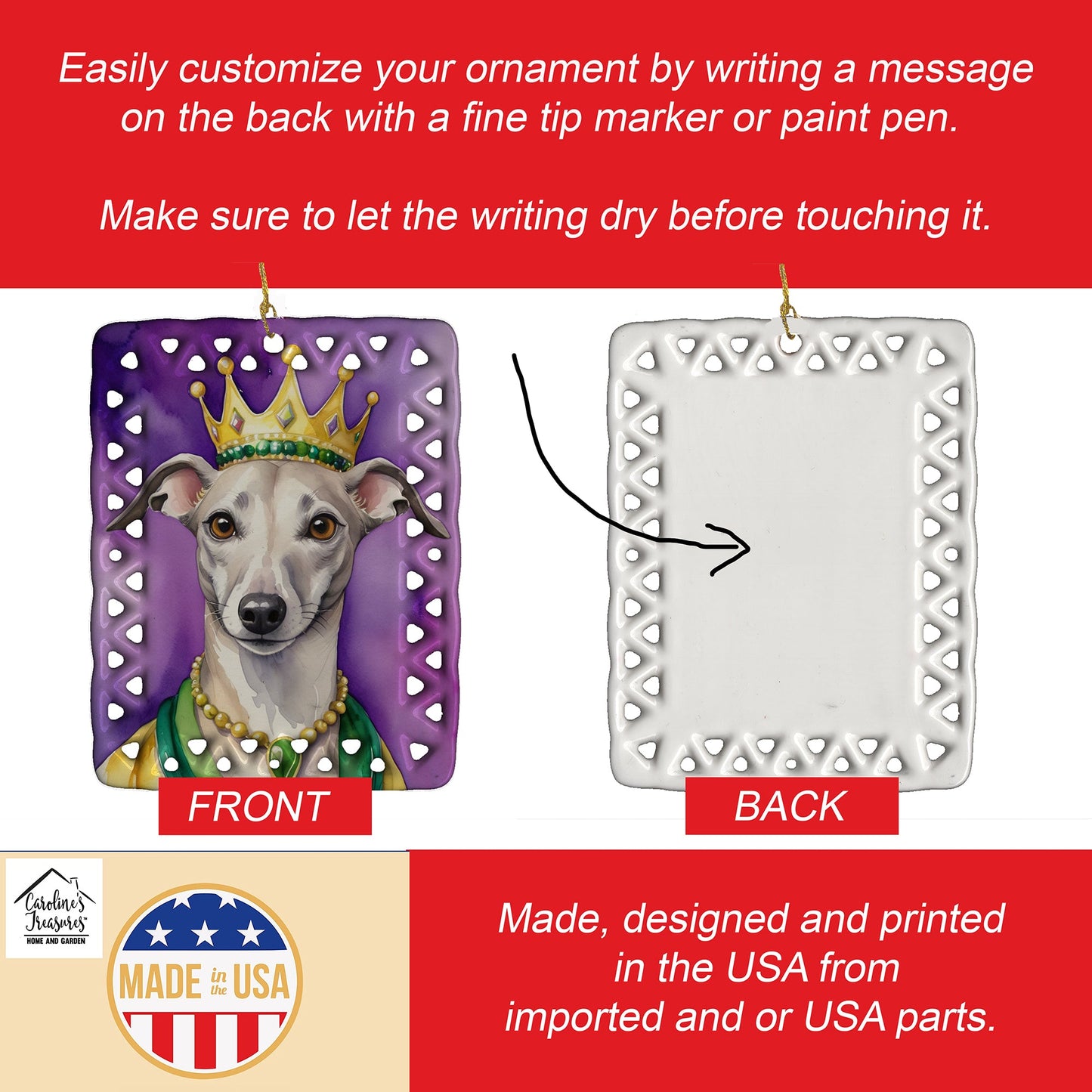 Whippet King of Mardi Gras Porcelain Ornament