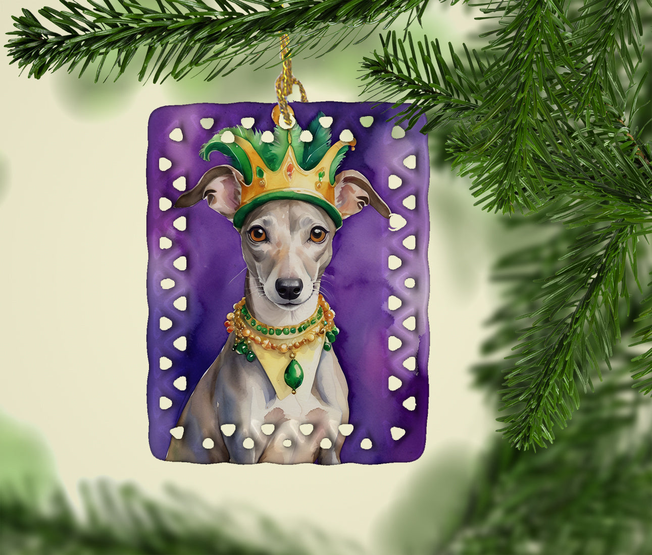 Whippet King of Mardi Gras Porcelain Ornament