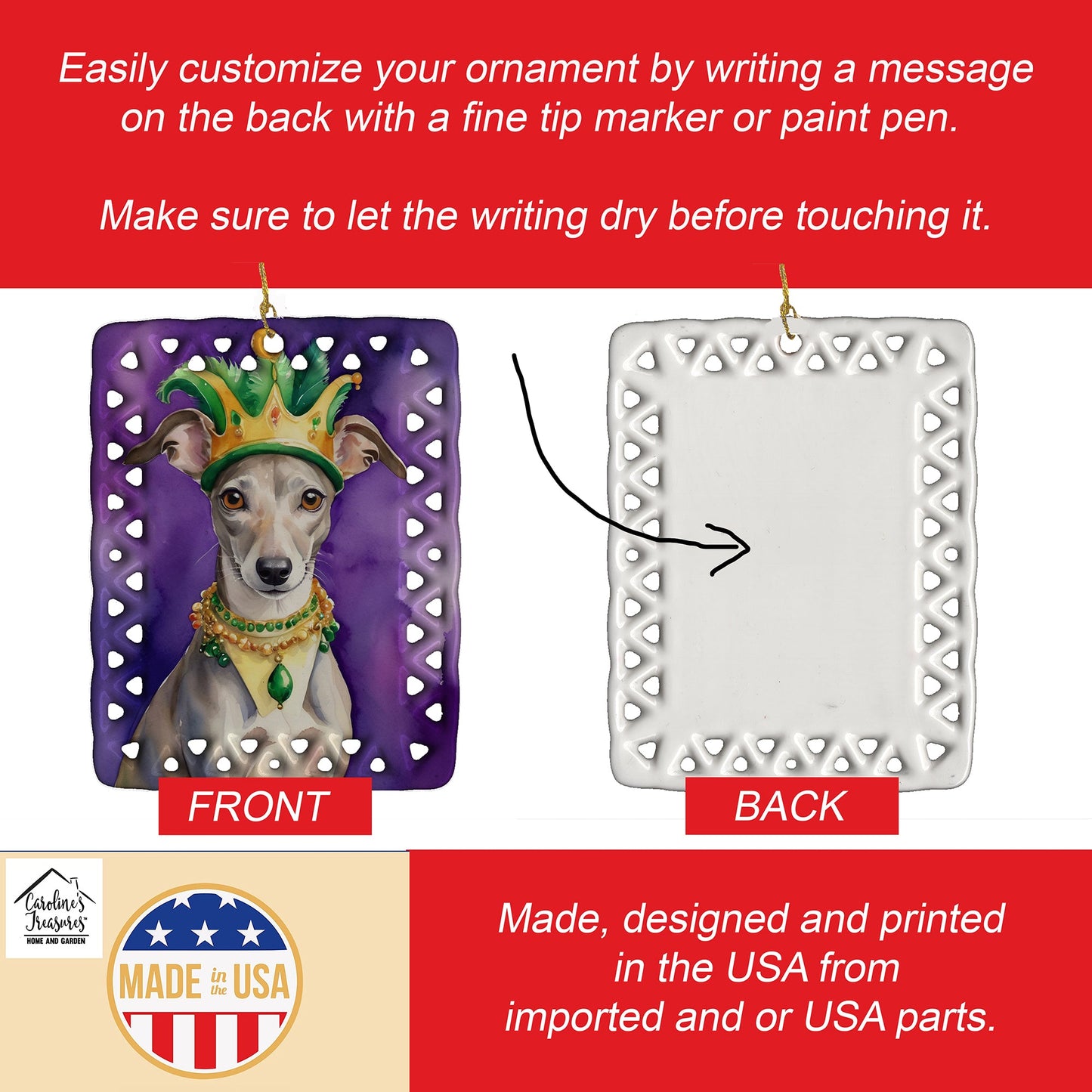 Whippet King of Mardi Gras Porcelain Ornament