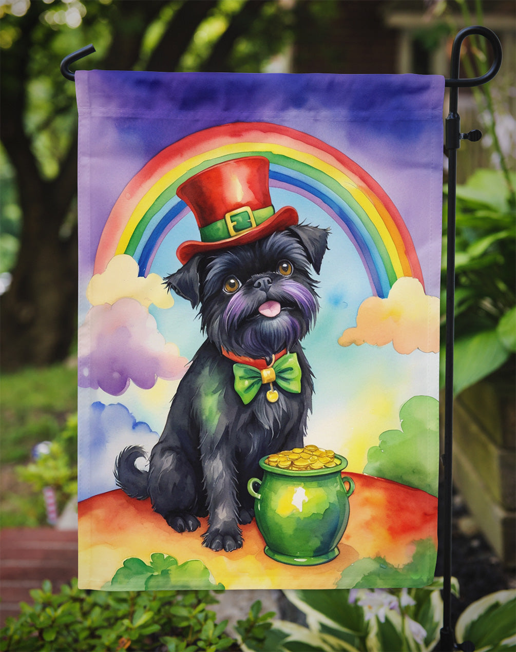 Affenpinscher St. Patrick’s Day Garden Flag – Dog with Pot of Gold & Rainbow Yard Decor