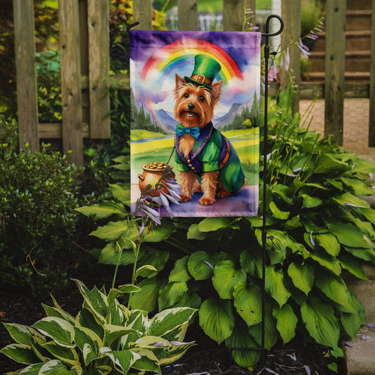 Australian Terrier St. Patrick’s Day Garden Flag – Dog with Pot of Gold & Rainbow Yard Decor