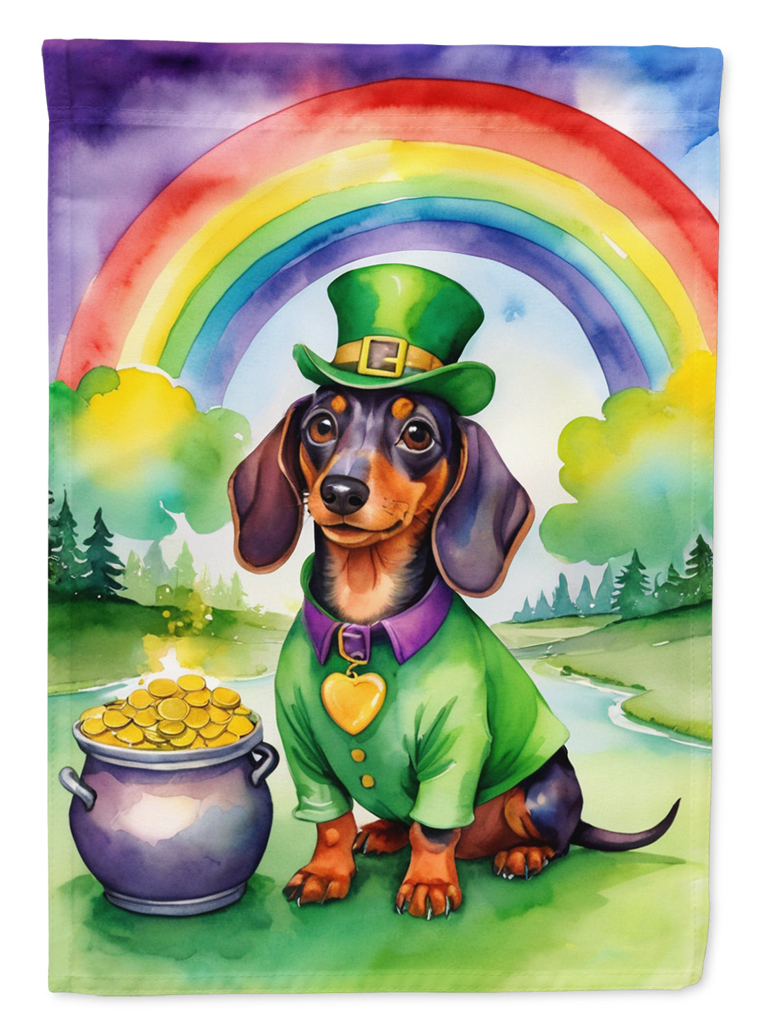 Dachshund St. Patrick’s Day Garden Flag – Dog with Pot of Gold & Rainbow Yard Decor
