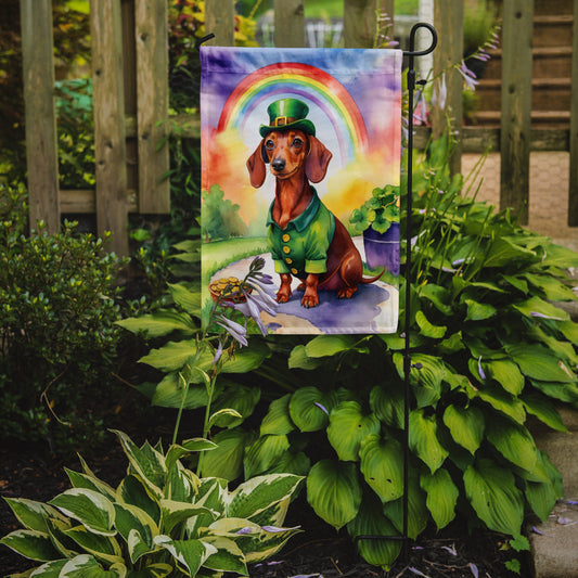 Dachshund St. Patrick’s Day Garden Flag – Dog with Pot of Gold & Rainbow Yard Decor